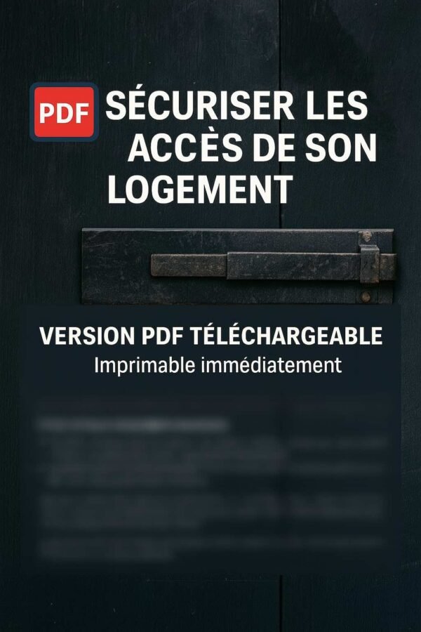 Visuel fiche téléchargeable “Sécuriser les accès de son logement” avec bandeau PDF et verrou métallique en arrière-plan