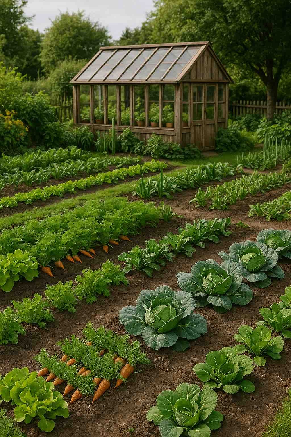 Un potager bien entretenu dans un jardin ensoleillĂ©, avec des lĂ©gumes variĂ©s en pleine croissance, illustrant une stratĂ©gie dâautonomie alimentaire