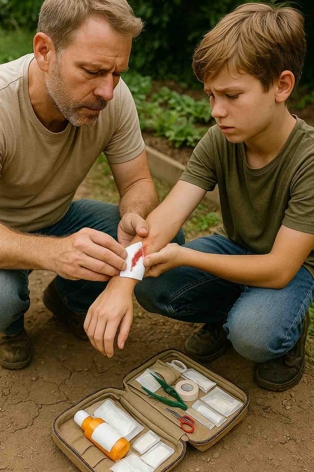 Un homme aide une femme blessée allongée au sol, illustrant l'importance des gestes de premiers secours en situation de survie