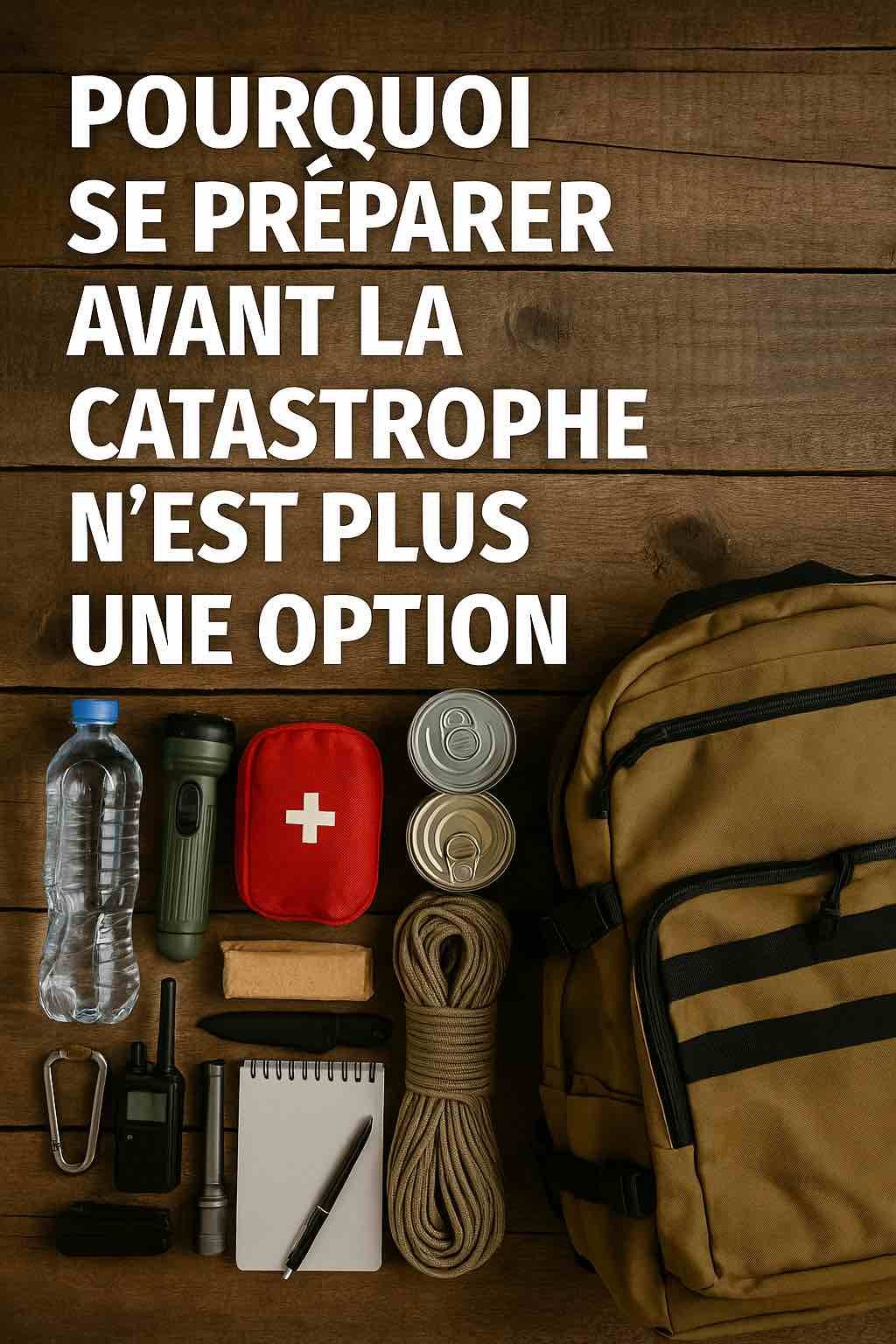 Photographie d’un kit d’urgence prêt à l’emploi avec sac, gourde, lampe et trousse de secours posé sur une table, symbolisant la préparation aux catastrophes