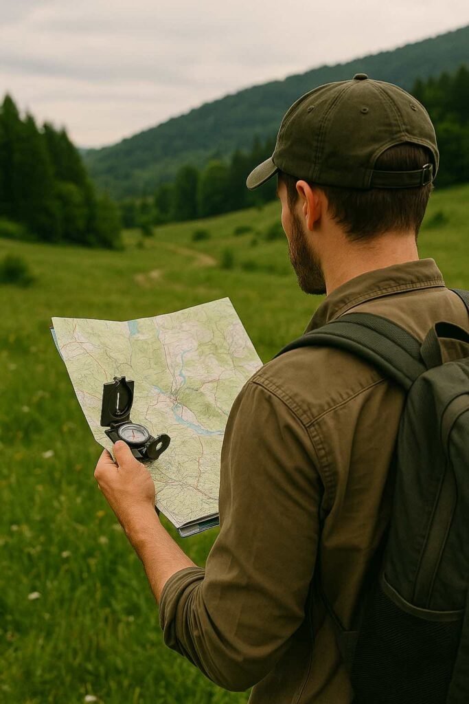 Un randonneur Ă©quipĂ© dâun sac Ă dos consulte une carte topographique dans un environnement sauvage, illustrant la navigation sans GPS ni rĂ©seau