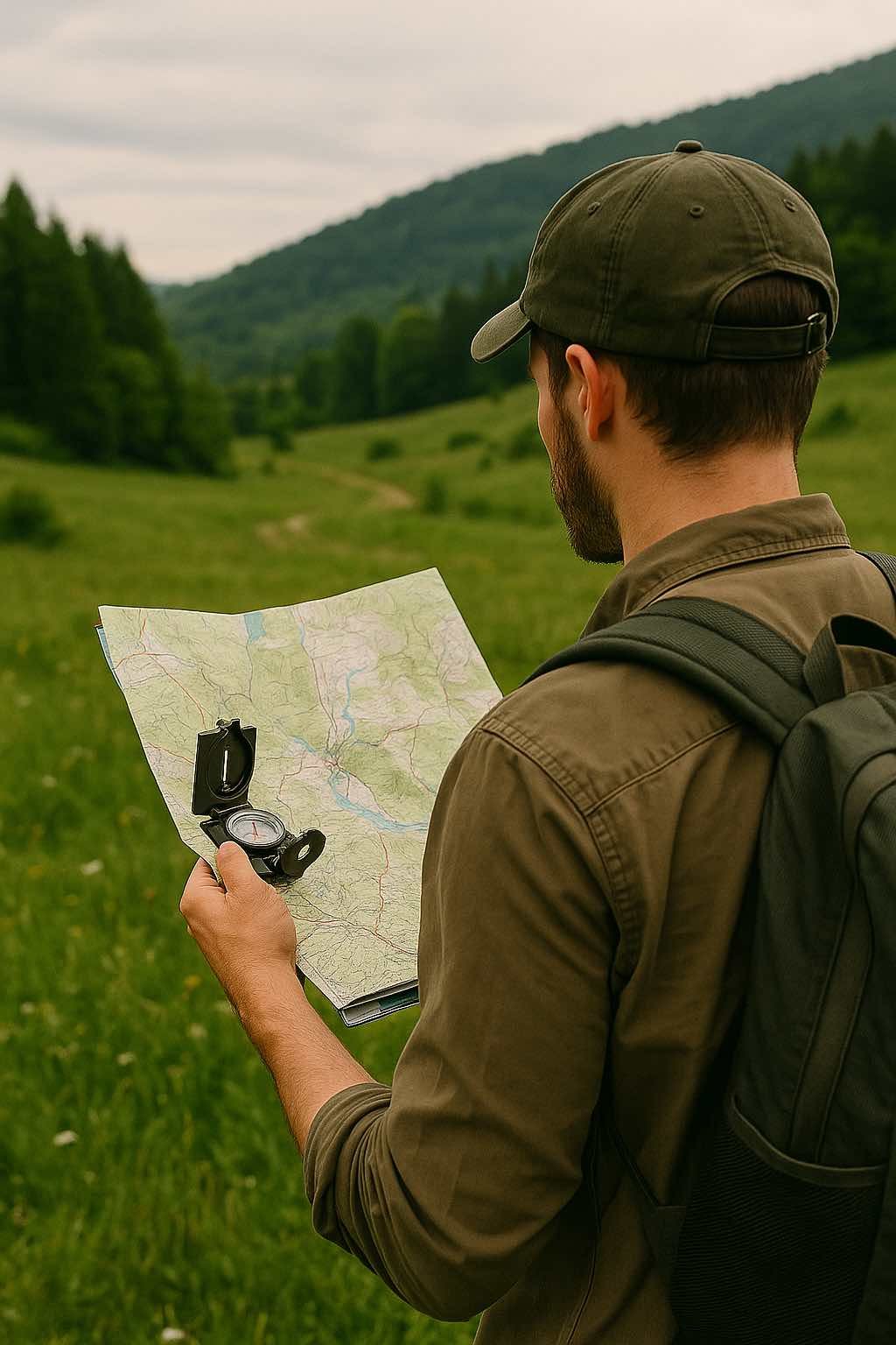 Un randonneur équipé d’un sac à dos consulte une carte topographique dans un environnement sauvage, illustrant la navigation sans GPS ni réseau