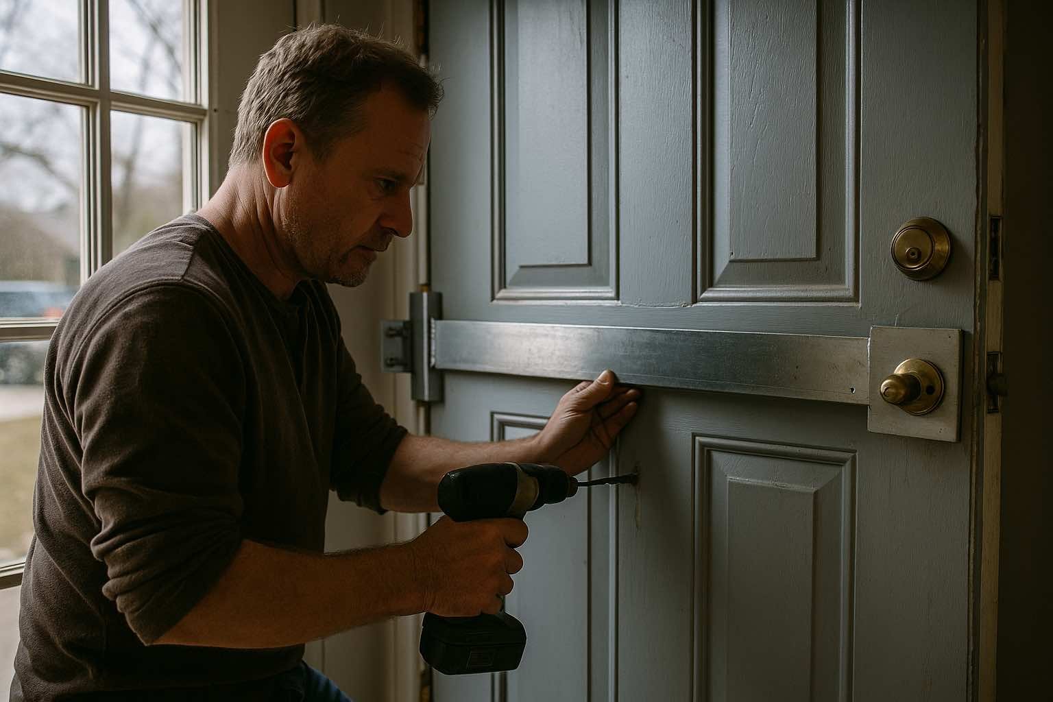 Un homme installe des renforts en bois sur une porte dâentrĂ©e dans un environnement urbain, illustrant la sĂ©curisation dâun logement en cas de crise