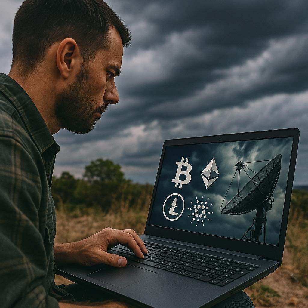 Homme consultant une application crypto sur smartphone avec équipement de survie, illustrant la résilience des cryptomonnaies même sans réseau