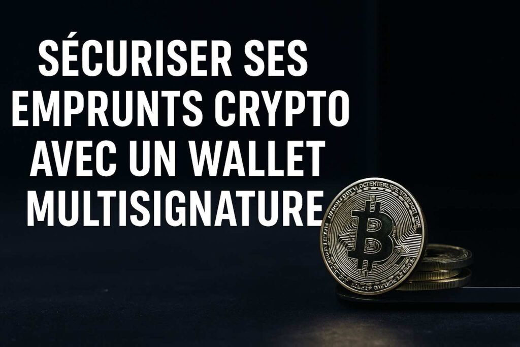 Pièces de bitcoin devant un écran sombre avec le texte “Sécuriser ses emprunts crypto avec un wallet multisignature”, illustrant l’importance de la sécurité des fonds en cryptomonnaie