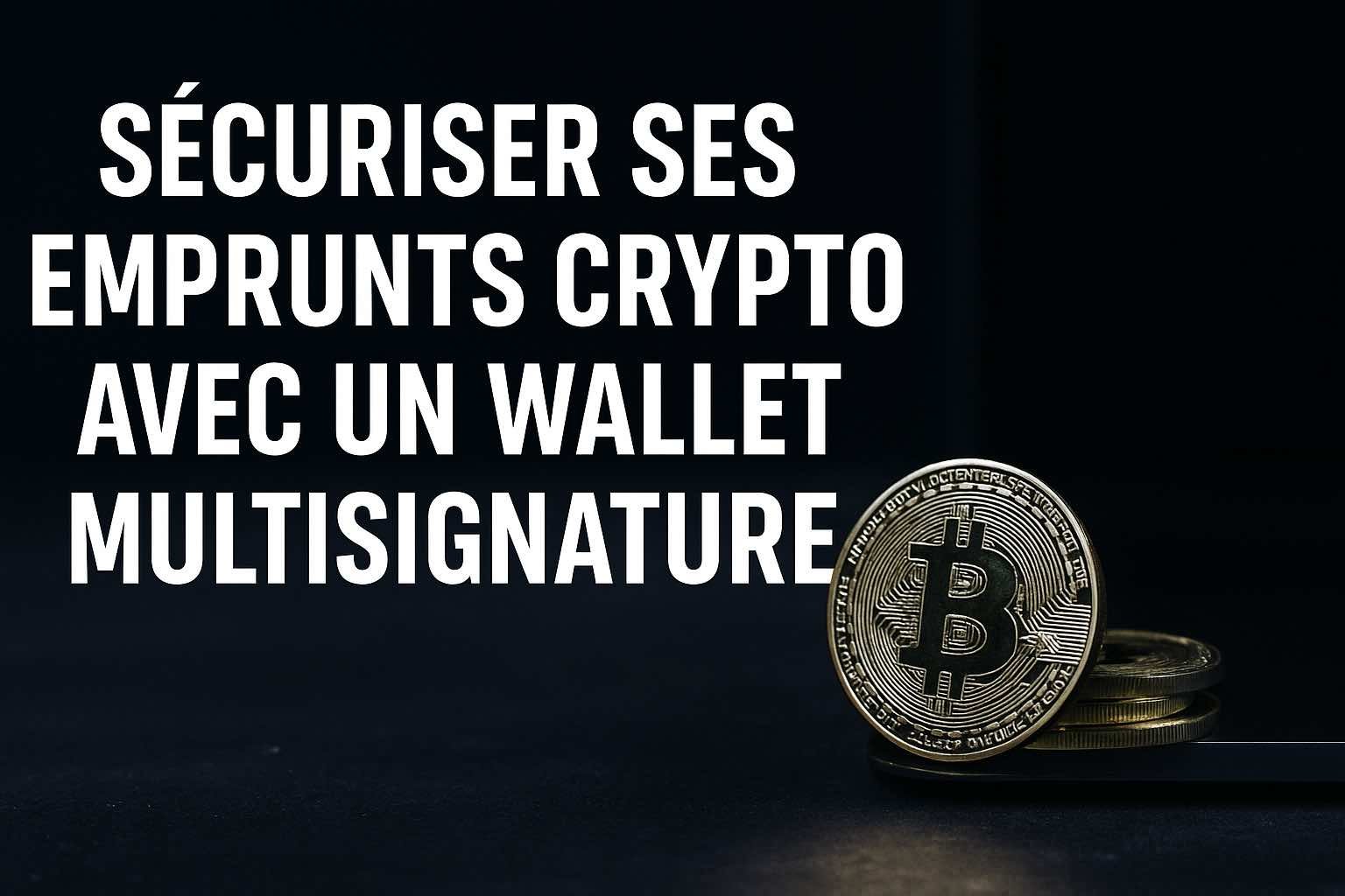 Pièces de bitcoin devant un écran sombre avec le texte “Sécuriser ses emprunts crypto avec un wallet multisignature”, illustrant l’importance de la sécurité des fonds en cryptomonnaie