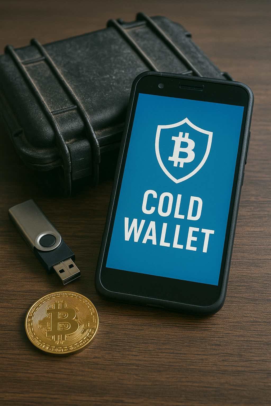 Un cold wallet physique de type smartphone reconditionné est posé sur une table en bois, écran éteint, à côté d’un carnet de notes et d’une clé USB sécurisée, illustrant une solution de stockage crypto hors connexion