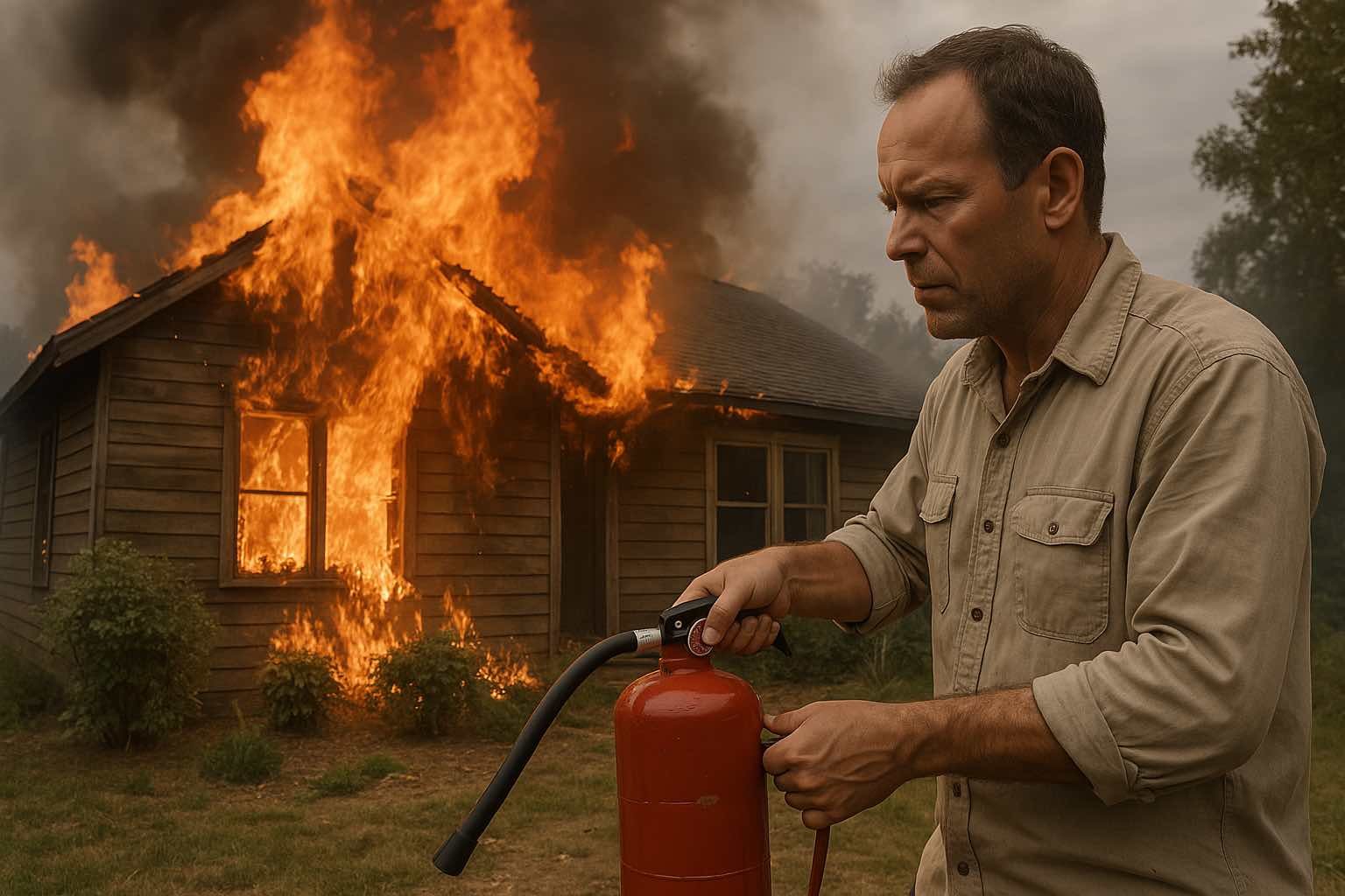 Un homme tente de contenir les flammes avec un extincteur devant une maison en bois en train de brûler, dans une scène réaliste de feu domestique