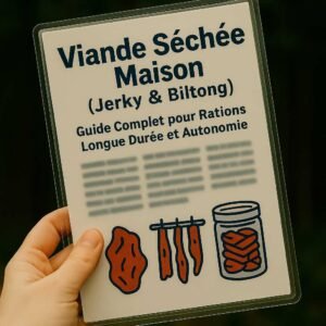 Photo d’une main tenant la fiche plastifiée “Viande Séchée Maison” devant un fond forestier, guide pratique pour préparer jerky et biltong