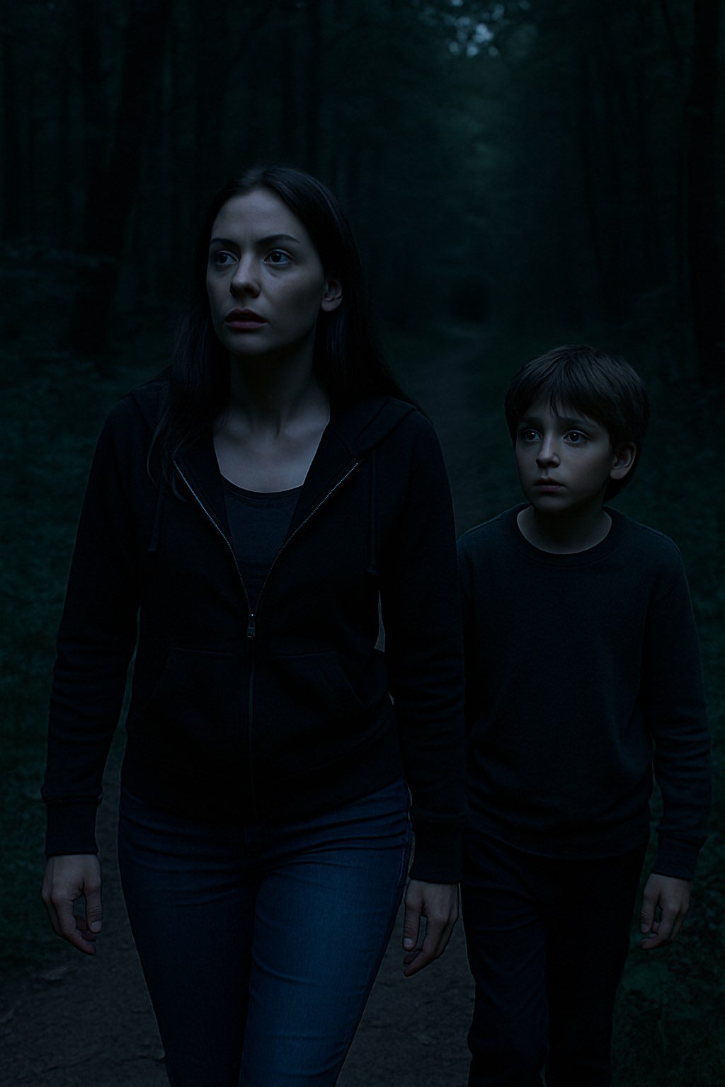 Femme et enfant marchant dans une forêt à la tombée de la nuit, apprenant à se déplacer sans lumière en situation de crise