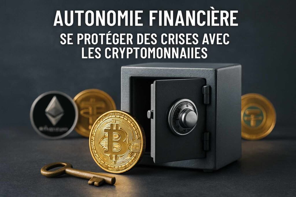 Portefeuille numérique et pièces de bitcoin illustrant la protection financière en période de crise