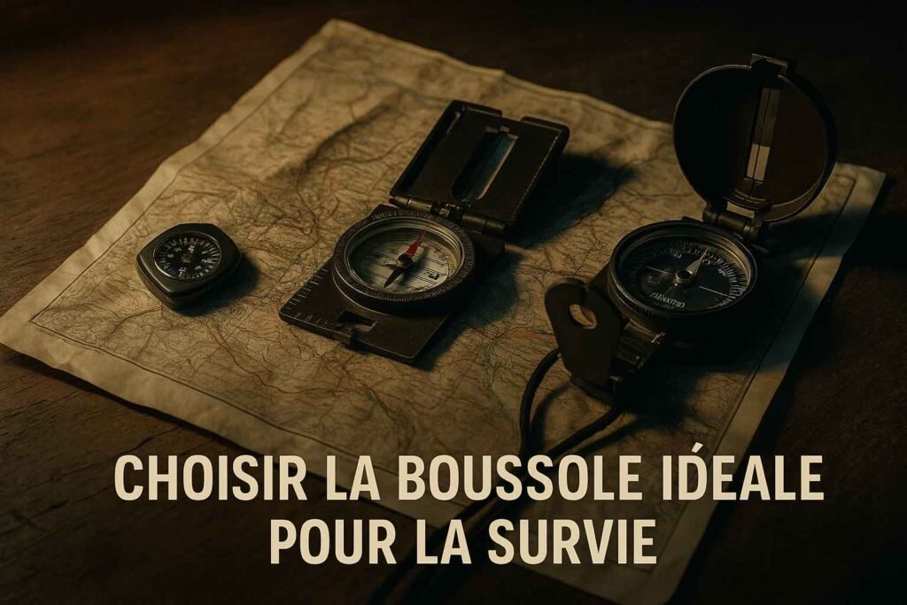 Différents types de boussoles posées sur une carte topographique – choisir la boussole idéale pour la survie