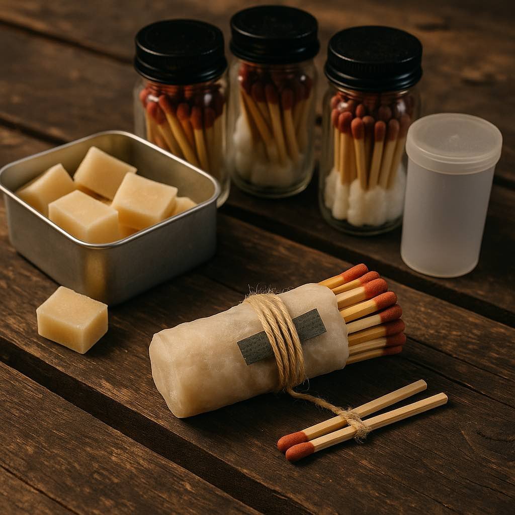 Matériel et techniques pour fabriquer et conserver ses allume-feu maison, avec allumettes paraffinées, cubes combustibles et kit d’allumage étanche pour la survie.