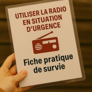 Photo d’une fiche plastifiée intitulée « Utiliser la radio en situation d’urgence », tenue à la main devant un fond en bois, format pratique pour les situations sans électricité.