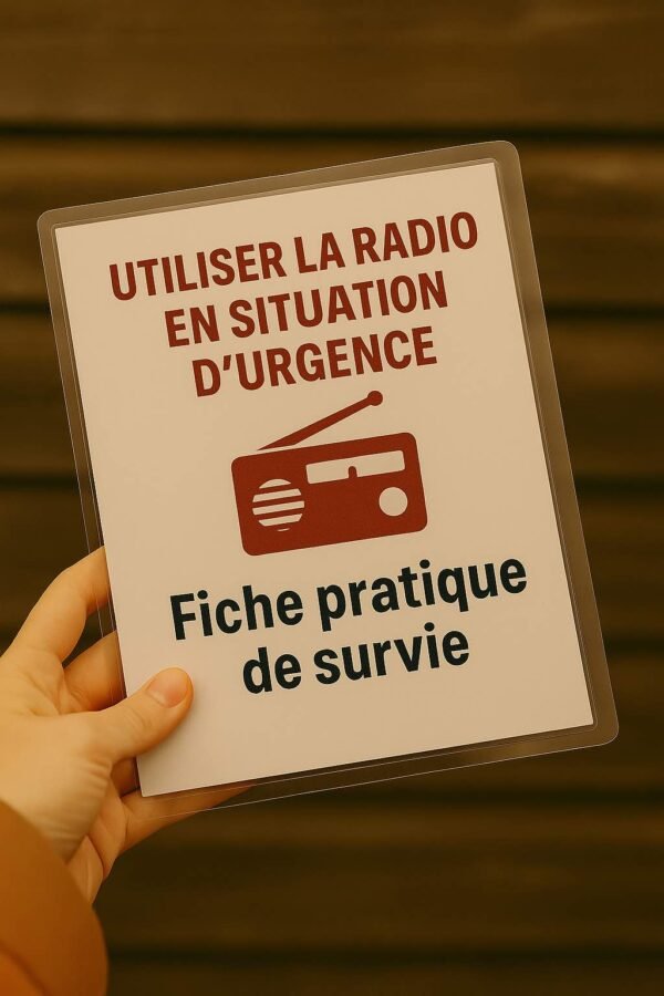 Photo d’une fiche plastifiée intitulée « Utiliser la radio en situation d’urgence », tenue à la main devant un fond en bois, format pratique pour les situations sans électricité.