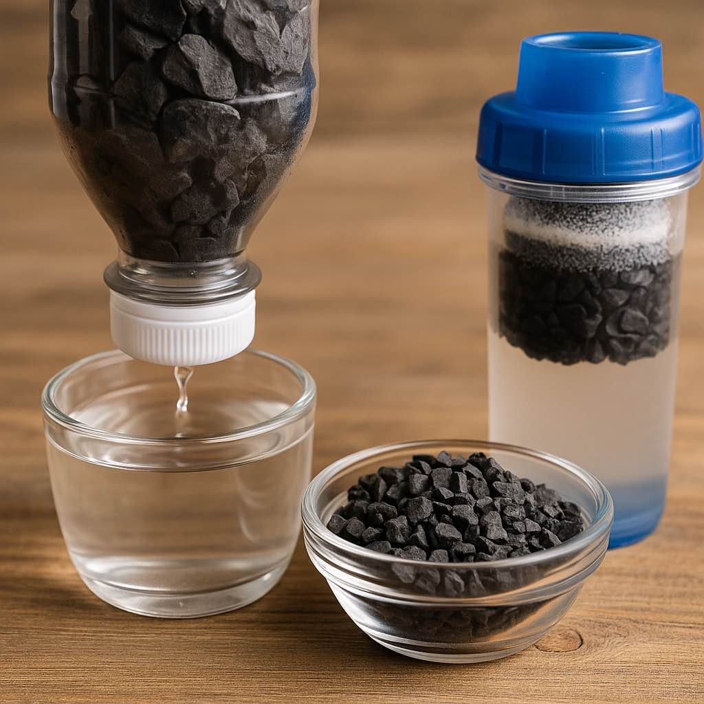 Système de purification d’eau artisanal utilisant du charbon actif, avec une bouteille coupée en filtre, couches de gravier et sable, et l’eau claire recueillie dans un récipient en verre.