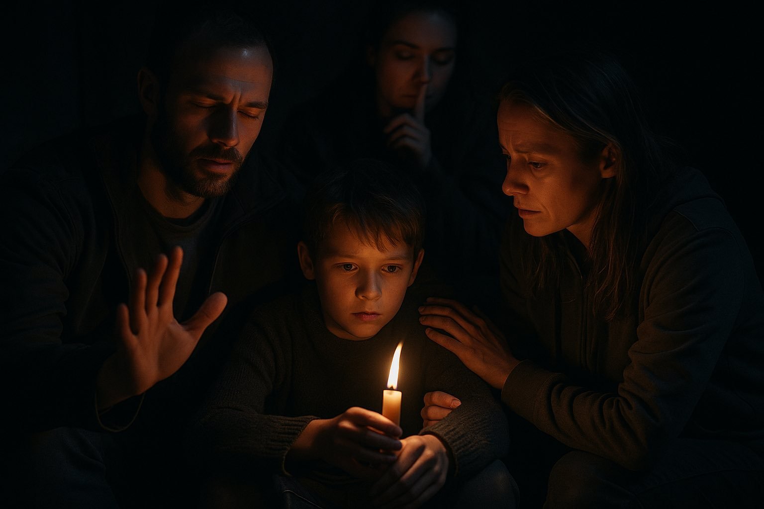 Groupe de personnes assises dans un abri sombre, pratiquant le calme en silence pour apaiser une situation de panique collective