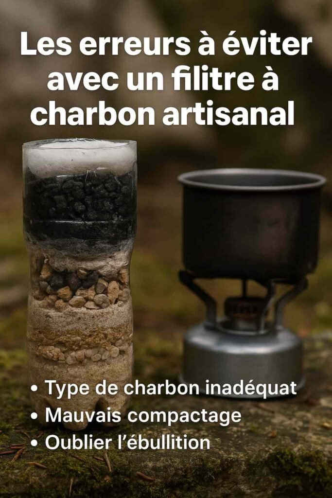 Filtre Ă eau artisanal fabriquĂ© avec une bouteille en plastique et un rĂ©chaud de camping, avec liste des erreurs frĂ©quentes Ă Ă©viter (mauvais charbon, mauvais compactage, absence dâĂ©bullition).