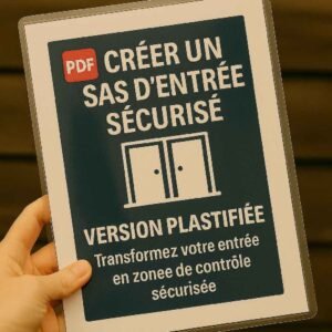 Une main tenant une fiche plastifiée intitulée "Créer un sas d’entrée sécurisé", fiche pratique de survie pour contrôler les accès sans se mettre en danger.