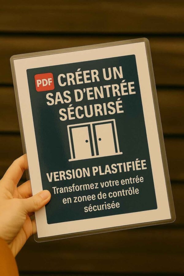 Une main tenant une fiche plastifiée intitulée "Créer un sas d’entrée sécurisé", fiche pratique de survie pour contrôler les accès sans se mettre en danger.