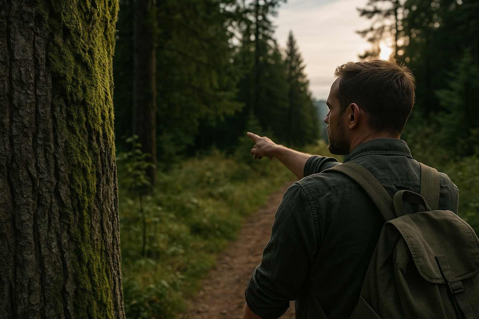 Homme avançant seul dans une forêt dense, observant les arbres et la pente pour s’orienter sans carte ni boussole