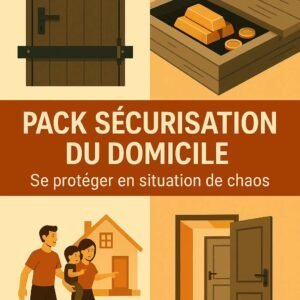 Illustration du Pack Sécurisation du domicile avec quatre scènes : renforcement des accès, dissimulation de métaux précieux, point de ralliement familial et sas d’entrée sécurisé, en contexte urbain de crise.