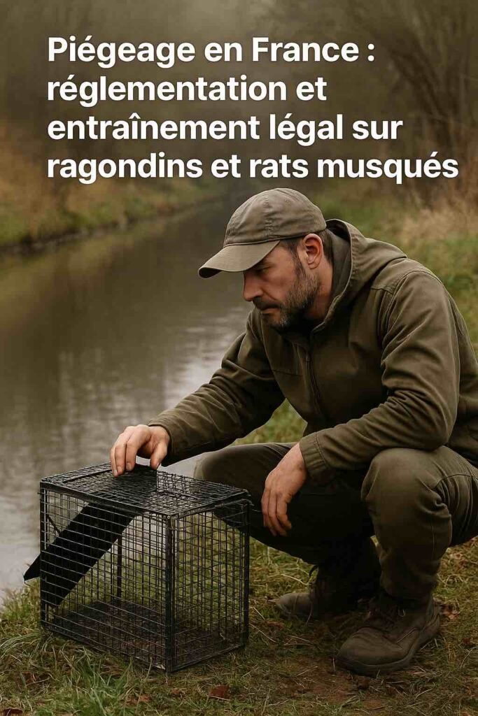 Piégeur en tenue sobre observant une cage de capture métallique posée près d’un cours d’eau, illustration réaliste d’un entraînement légal au piégeage de ragondins et rats musqués en France.