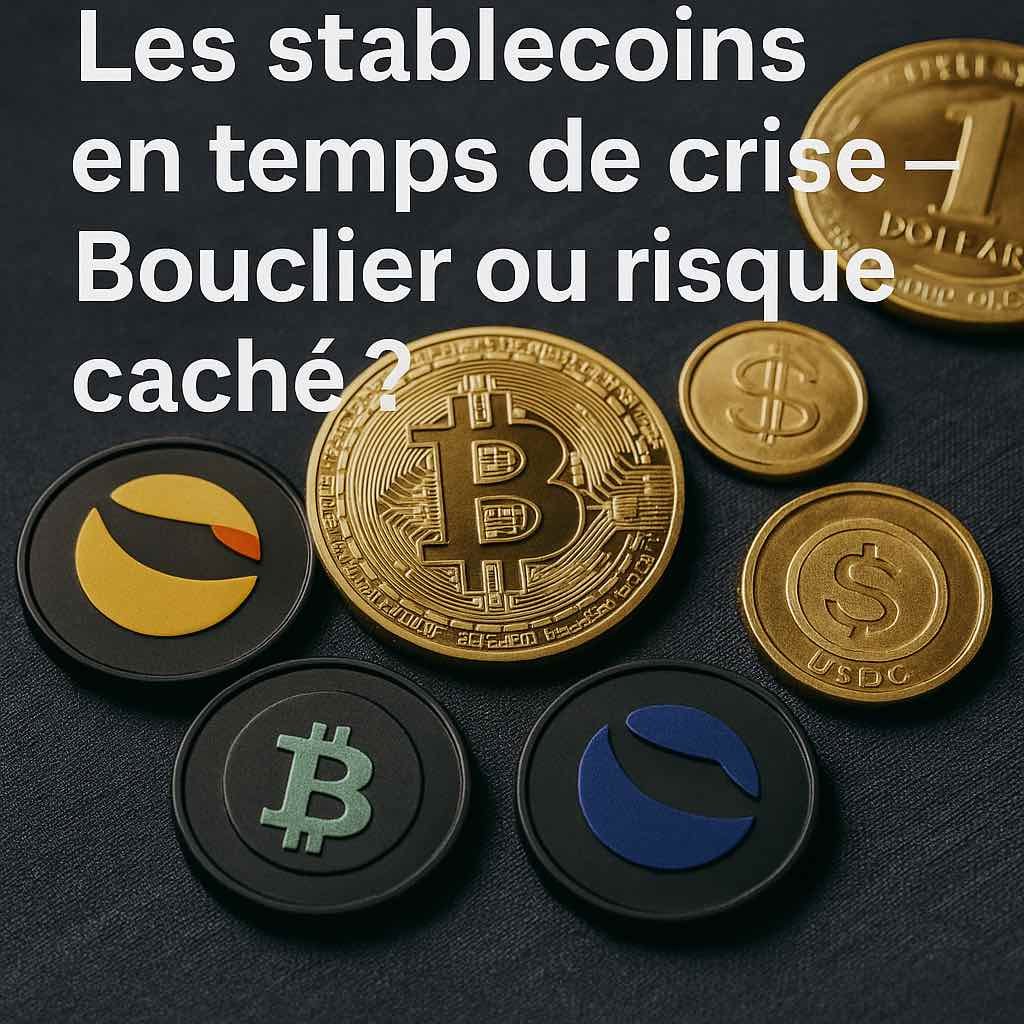 Illustration réaliste montrant différents types de stablecoins (USDT, USDC, DAI) avec symboles de sécurité et avertissements sur les risques en période de crise.