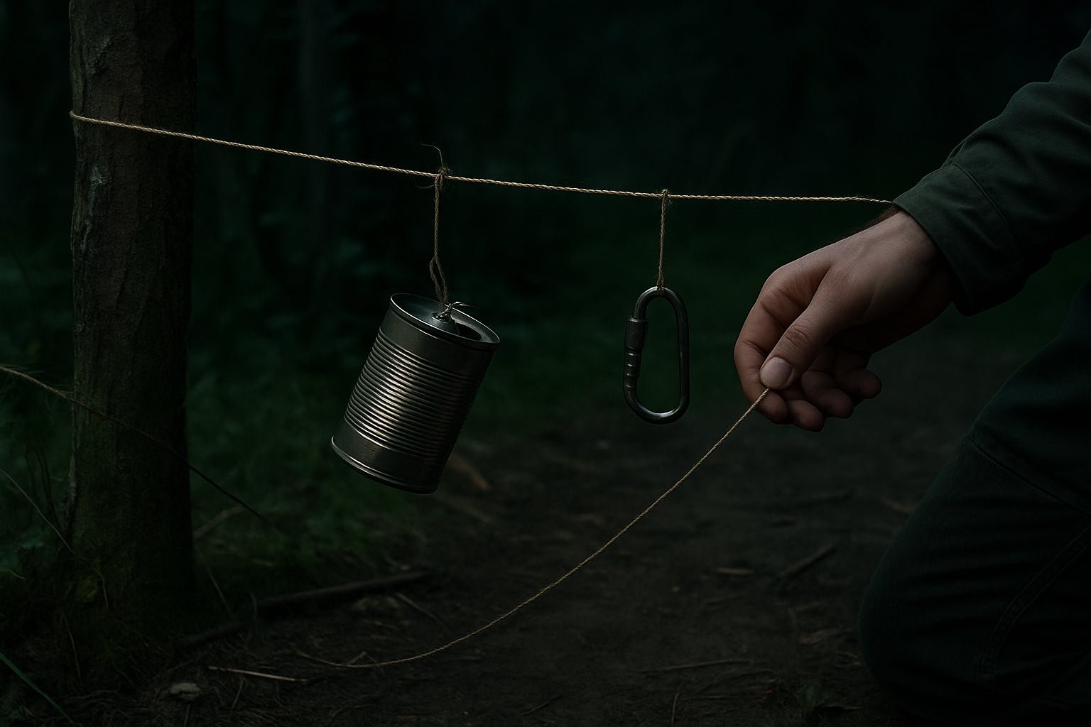 Alarme de fortune installée dans un campement, utilisant une canette suspendue et une ficelle, en forêt sombre