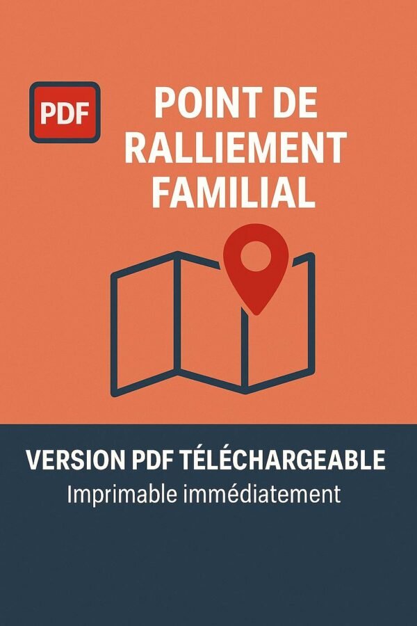Couverture de la fiche PDF « Point de ralliement familial » à télécharger, sur fond coloré avec pictogramme de localisation et message de sécurité.