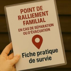 Fiche de survie plastifiée « Point de ralliement familial » tenue à la main, conçue pour les situations d’urgence, avec visuel de localisation.