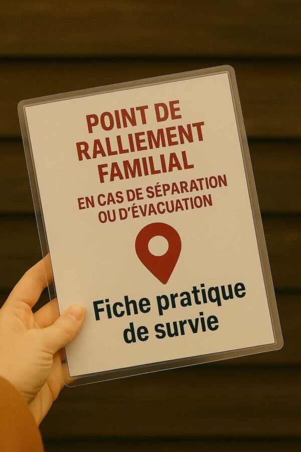Fiche de survie plastifiée « Point de ralliement familial » tenue à la main, conçue pour les situations d’urgence, avec visuel de localisation.