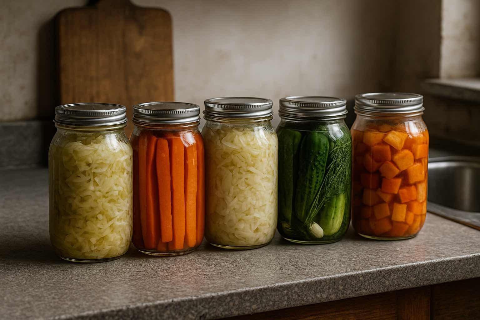Bocaux en verre contenant des légumes fermentés maison sans électricité