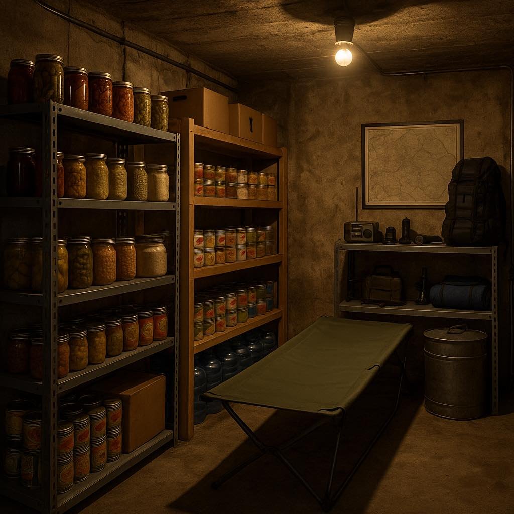 Cave transformée en abri de survie avec vivres et matériel essentiel