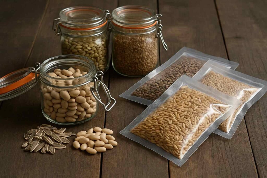 Bocaux hermétiques et sachets sous vide remplis de graines de survie, organisés sur une table en bois pour semences longue durée et autonomie alimentaire
