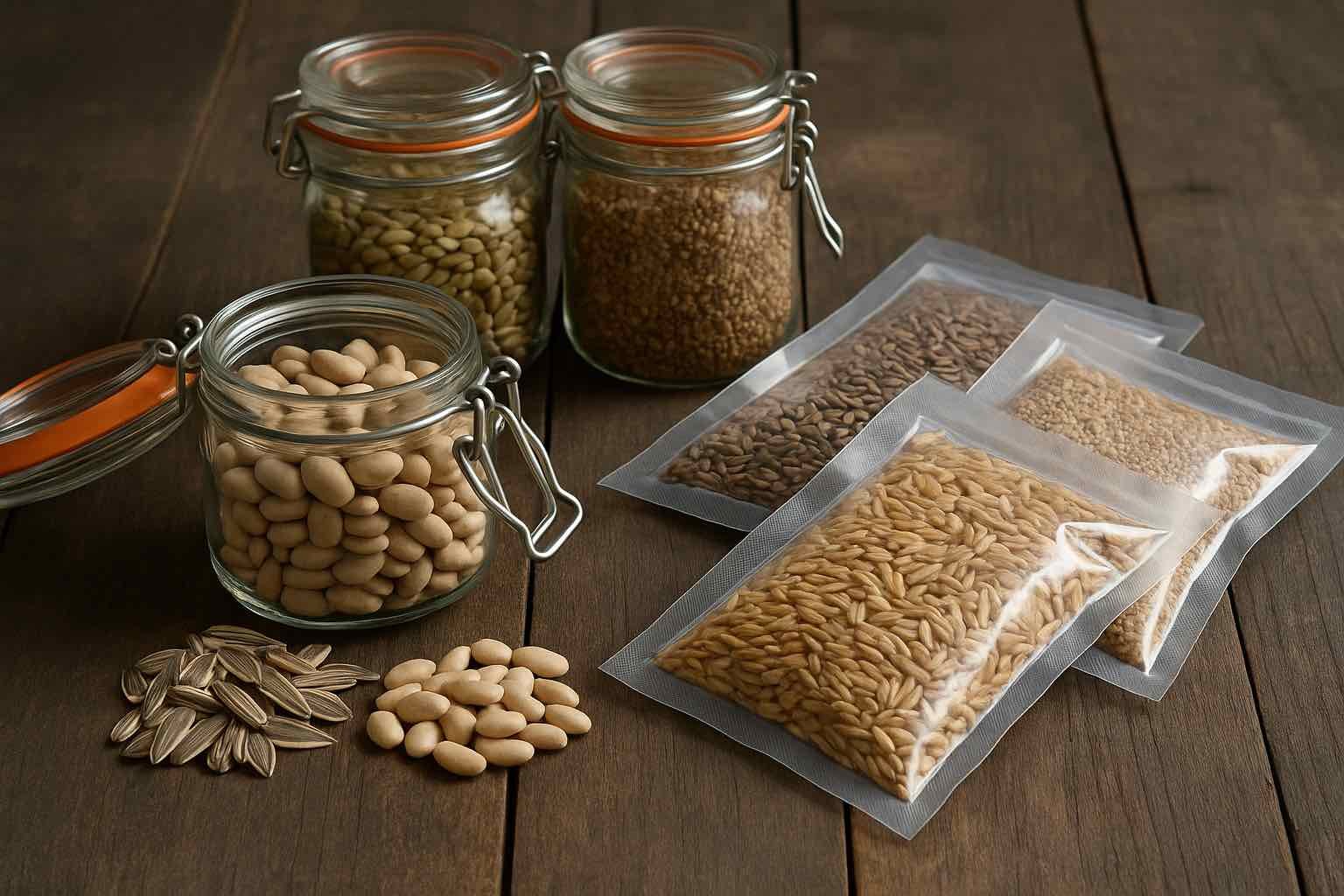 Bocaux hermétiques et sachets sous vide remplis de graines de survie, organisés sur une table en bois pour semences longue durée et autonomie alimentaire