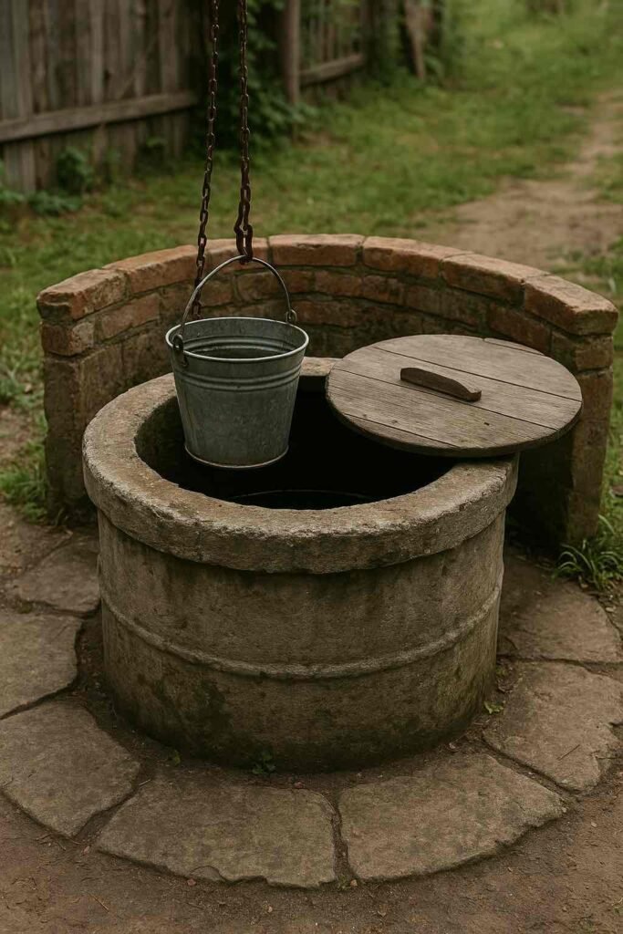 Puits de surface en pierre avec seau et corde illustrant la récupération d’eau en autonomie