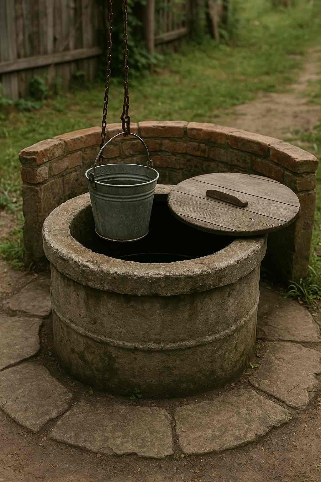 Puits de surface en pierre avec seau et corde illustrant la récupération d’eau en autonomie