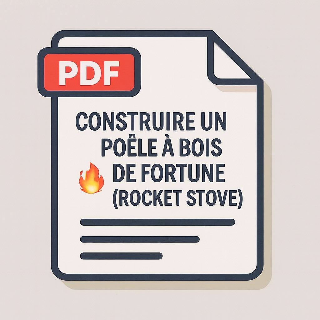 Icône PDF illustrant la fiche pratique « Construire un poêle à bois de fortune (Rocket Stove) », design minimaliste sur fond clair