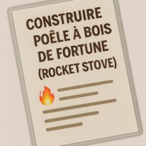 Fiche plastifiée illustrée « Construire un poêle à bois de fortune (Rocket Stove) », design minimaliste avec texte en majuscules et icône de flamme