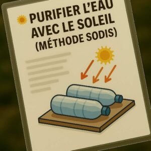 Miniature de fiche plastifiée montrant des bouteilles PET transparentes posées sur une planche en plein soleil, avec des flèches représentant les rayons UV, et le titre “Purifier l’eau avec le soleil (Méthode SODIS)” en haut.