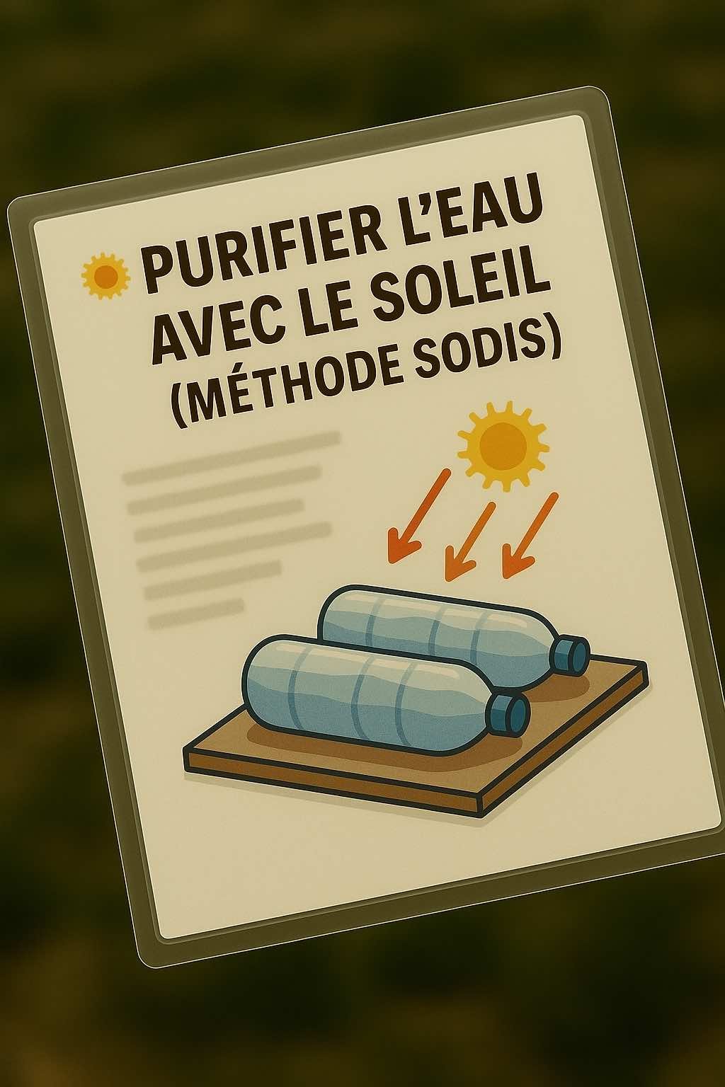 Miniature de fiche plastifiée montrant des bouteilles PET transparentes posées sur une planche en plein soleil, avec des flèches représentant les rayons UV, et le titre “Purifier l’eau avec le soleil (Méthode SODIS)” en haut.