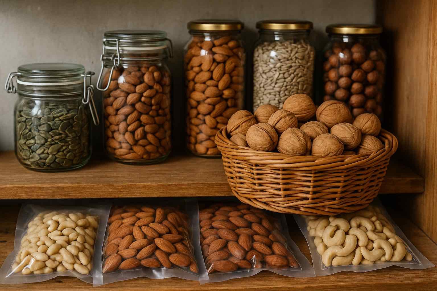 Photographie réaliste de graines et noix oléagineuses stockées dans des bocaux en verre pour la survie et l’autonomie alimentaire