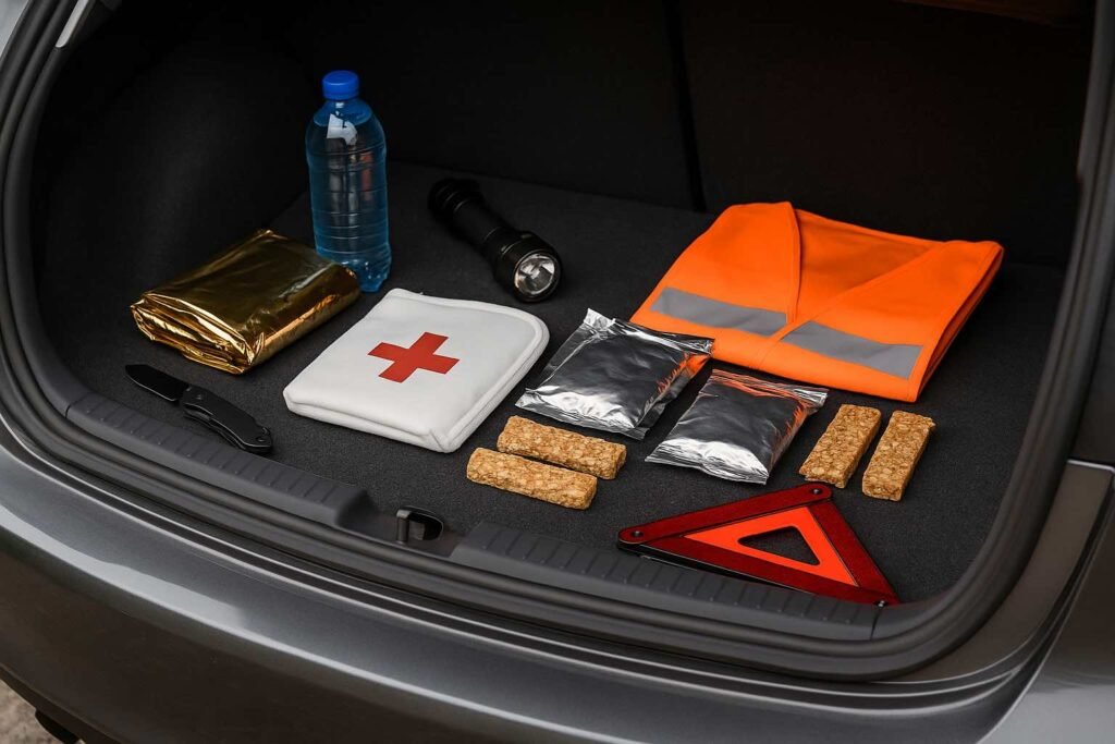 Coffre de voiture ouvert avec kit de survie : trousse de secours, couverture thermique, gilet fluorescent, lampe torche, eau et nourriture longue durée