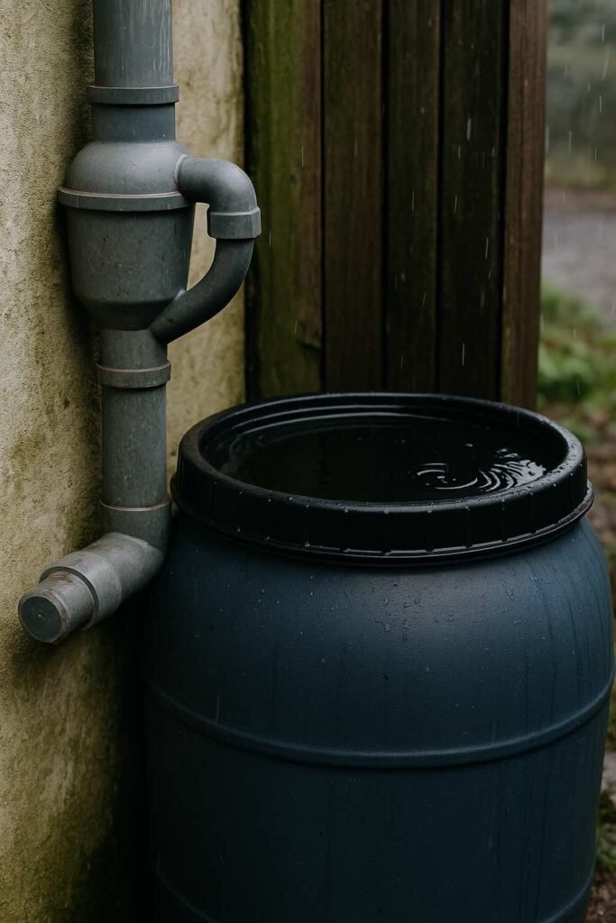 Réservoir de récupération d’eau de pluie mal entretenu, gouttière usée et eau stagnante exposée aux risques de contamination.