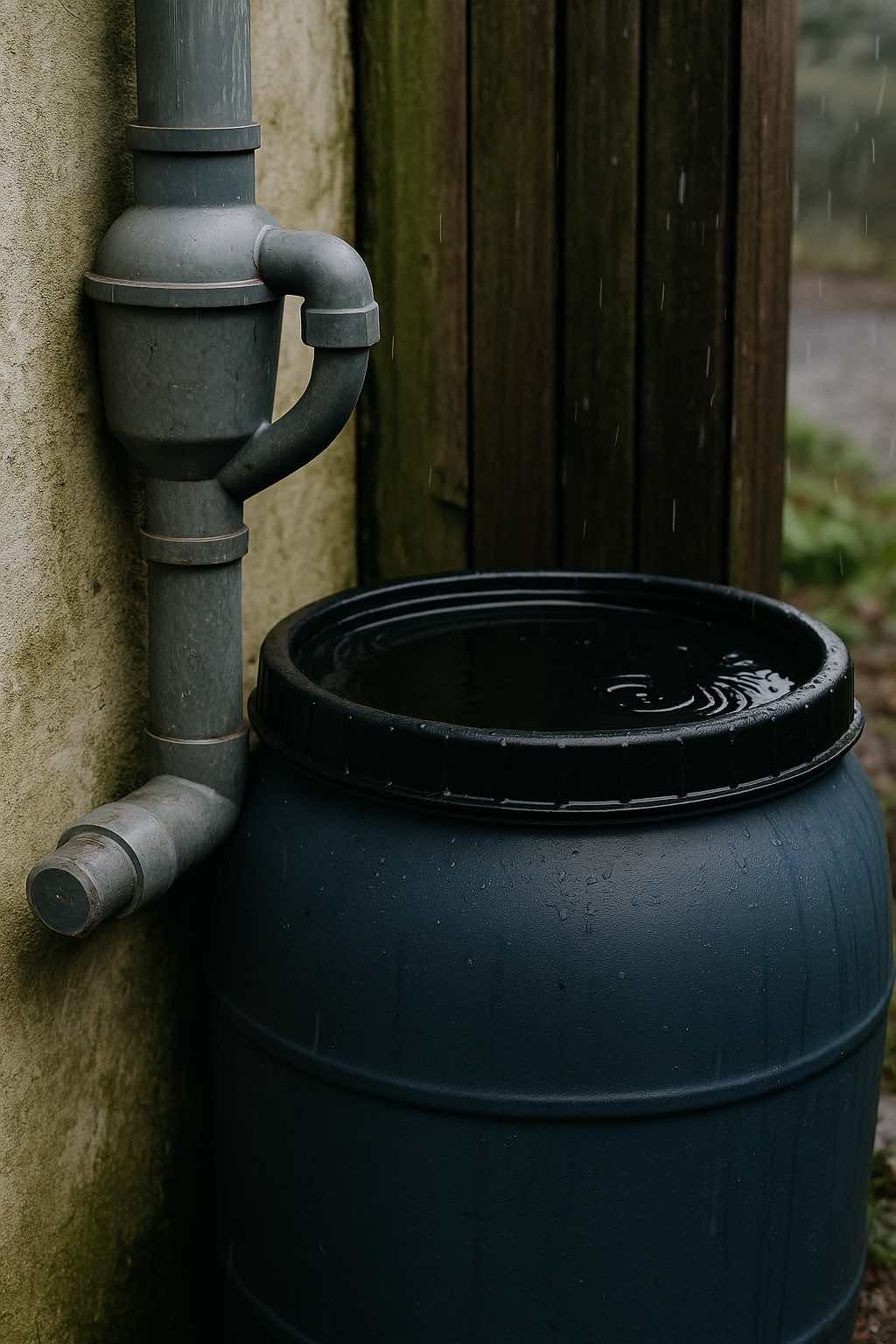 Réservoir de récupération d’eau de pluie mal entretenu, gouttière usée et eau stagnante exposée aux risques de contamination.