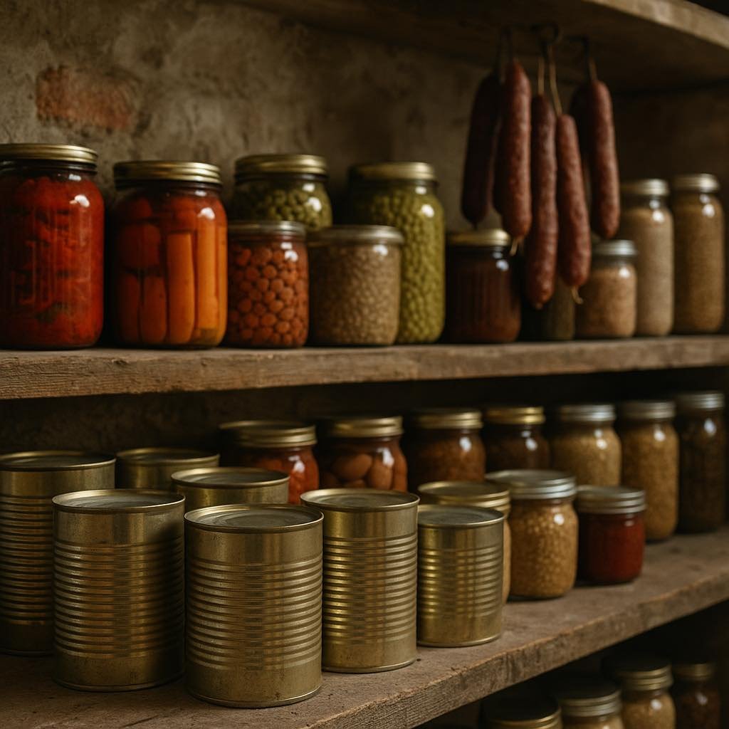 Étagères de garde-manger rustique avec boîtes de conserve, bocaux stérilisés et charcuterie séchée pour stock alimentaire de crise et réserve longue durée