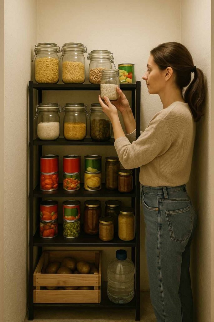 Petit réduit transformé en garde-manger avec bocaux étiquetés, conserves et caisses empilées, exemple d’organisation des réserves alimentaires dans un espace restreint
