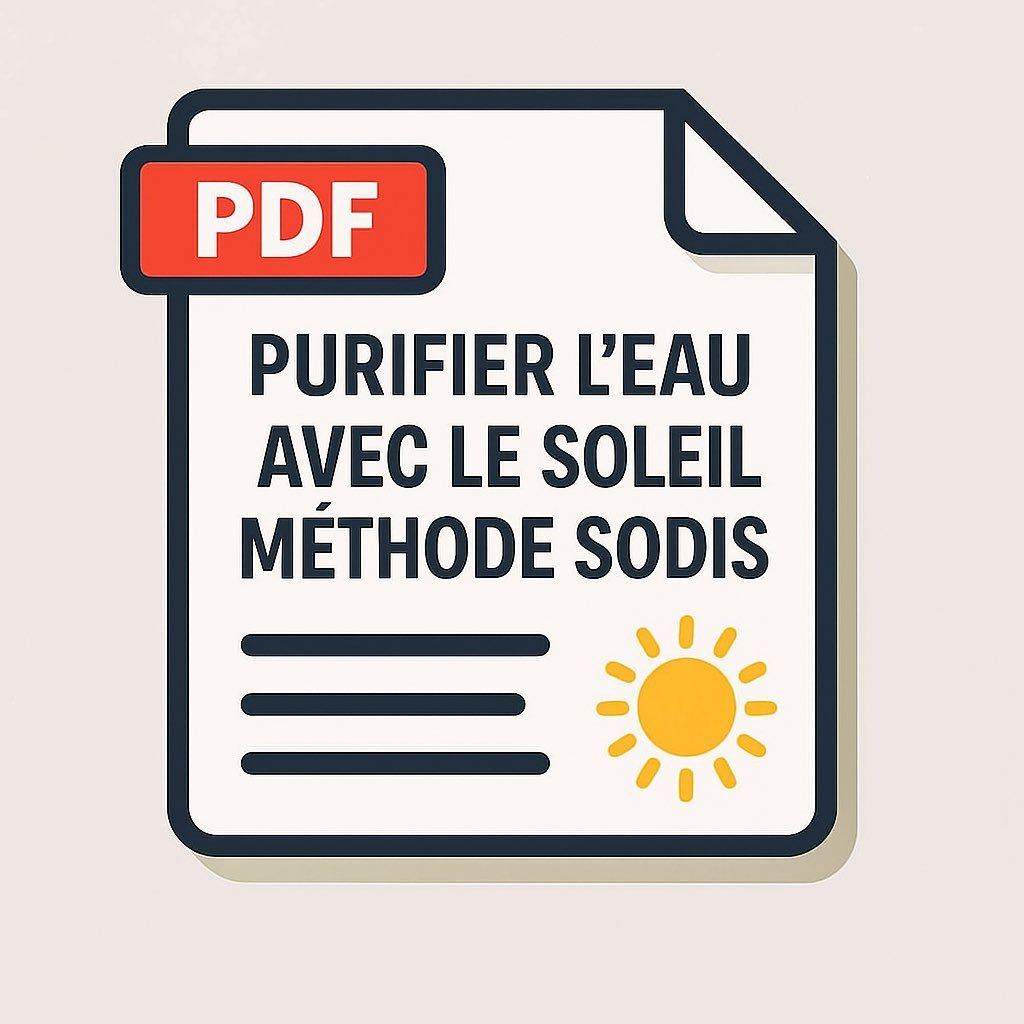 Miniature au format carré montrant des bouteilles PET transparentes remplies d’eau, posées sur une plaque métallique en plein soleil avec des flèches de rayons UV, style flat design, avec une icône PDF et le titre « Purifier l’eau avec le soleil (Méthode SODIS) ».