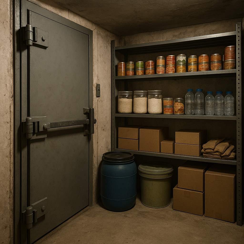 Pièce de confinement avec porte blindée, étagères de bouteilles d’eau, conserves et trousse de secours